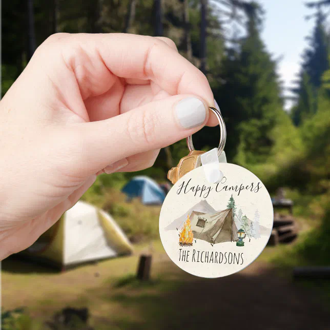 Happy Campers Watercolor Personalize Camp Tent Keychain | Zazzle