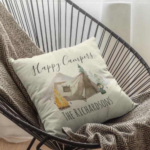 Happy Campers Watercolor Personalize Camp Tent Throw Pillow