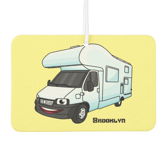Happy campervan cartoon illustration air freshener (Front)