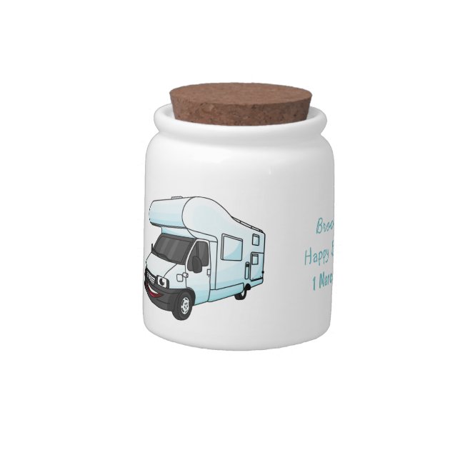 Happy campervan cartoon illustration candy jar (Left)