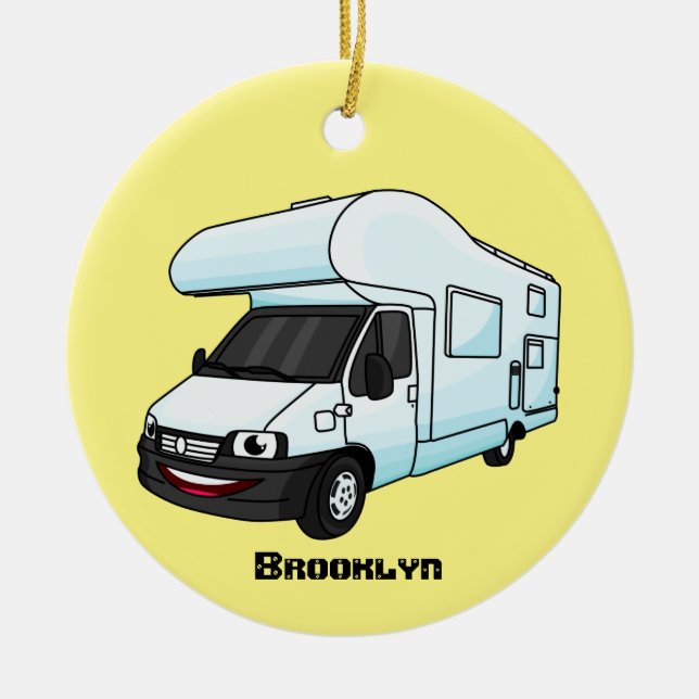 Happy campervan cartoon illustration ceramic ornament (Front)
