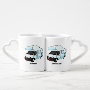 Happy campervan cartoon illustration coffee mug set