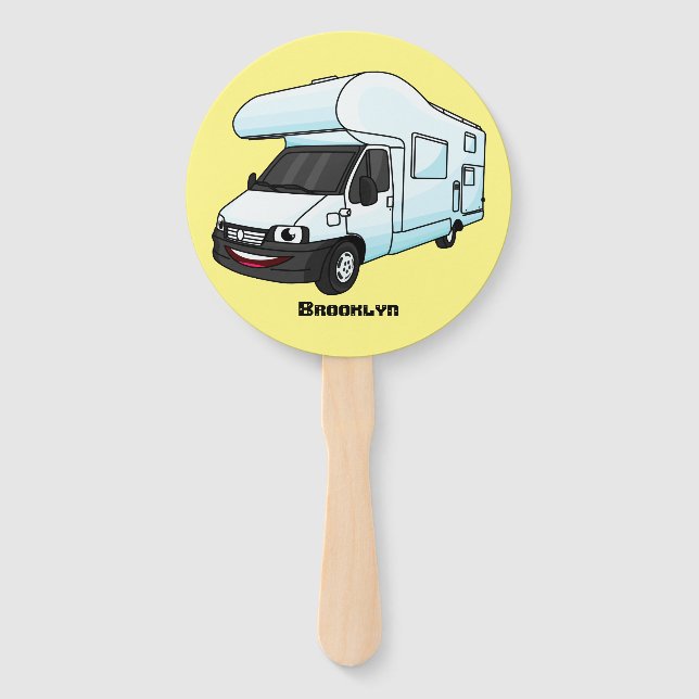 Happy campervan cartoon illustration hand fan (Front)