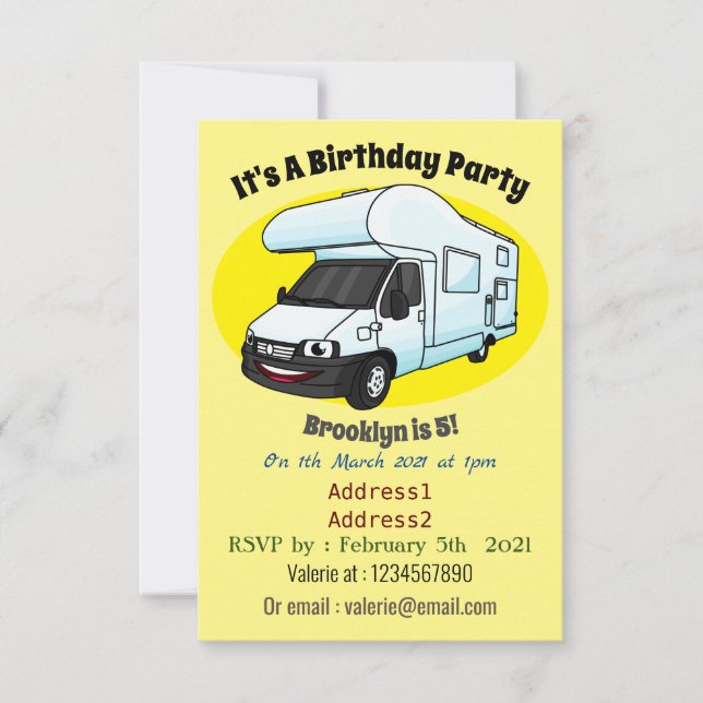 Happy campervan cartoon illustration invitation (Front)