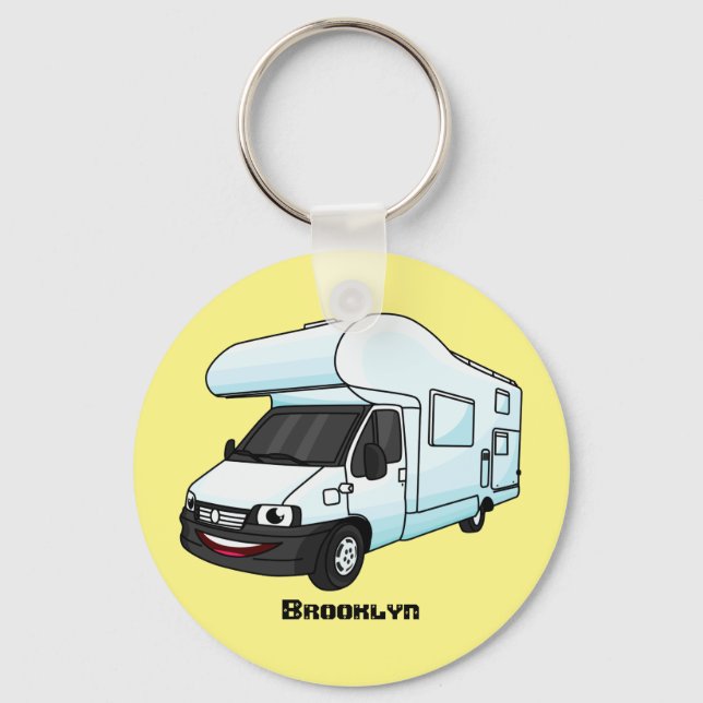 Happy campervan cartoon illustration keychain (Front)