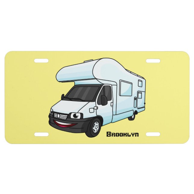 Happy campervan cartoon illustration license plate (Front)