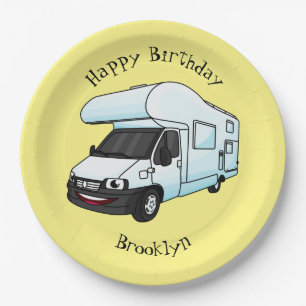 Happy campervan cartoon illustration paper plates