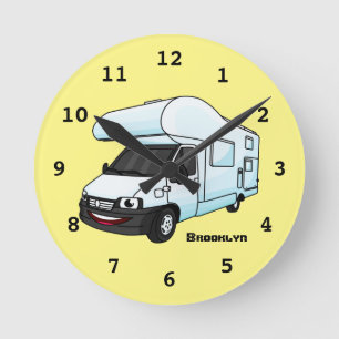 Happy campervan cartoon illustration round clock