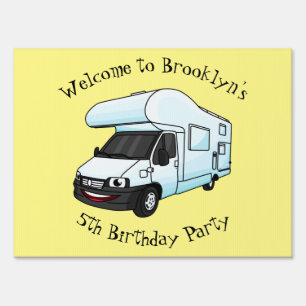 Happy campervan cartoon illustration sign