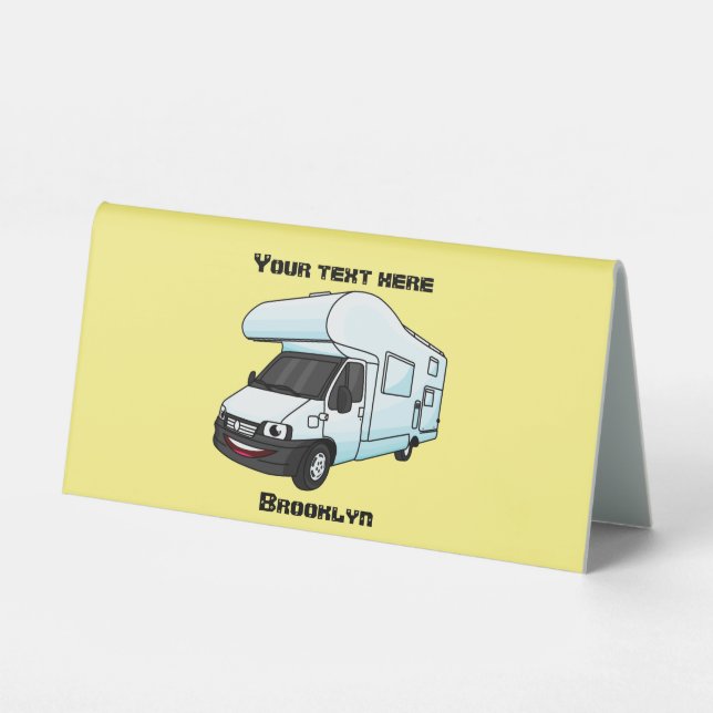 Happy campervan cartoon illustration table tent (Front)