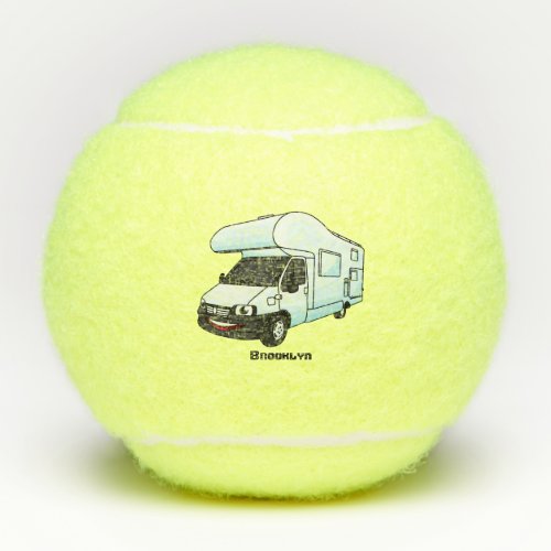 Happy campervan cartoon illustration tennis balls