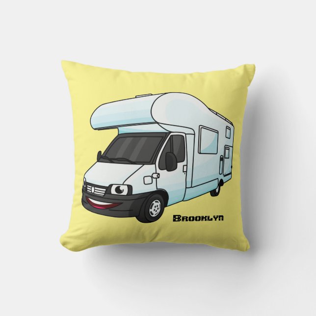 Happy campervan cartoon illustration throw pillow (Front)