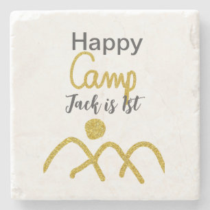 Happy camping camper one birthday kids golden sun stone coaster