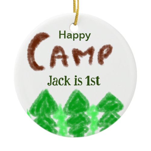 Happy camping camper one birthday kids trees wood ceramic ornament