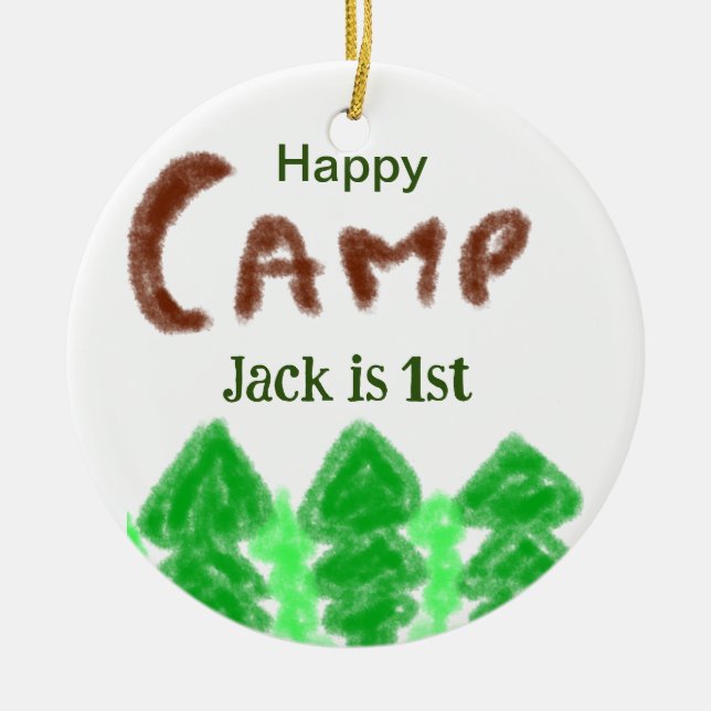 Happy camping camper one birthday kids trees wood ceramic ornament (Front)