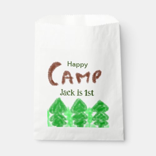 Happy camping camper one birthday kids trees wood favor bag