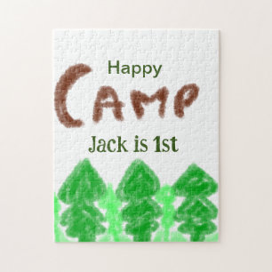 Happy camping camper one birthday kids trees wood jigsaw puzzle