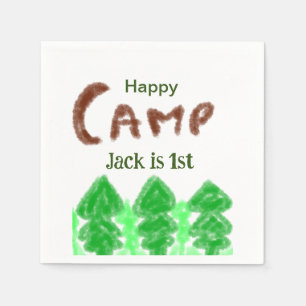 Happy camping camper one birthday kids trees wood napkins