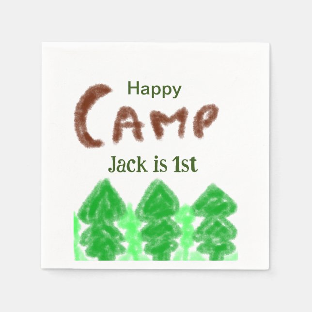 Happy camping camper one birthday kids trees wood napkins (Front)