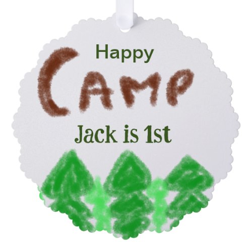 Happy camping camper one birthday kids trees wood ornament card
