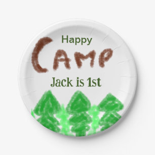 Happy camping camper one birthday kids trees wood paper plates
