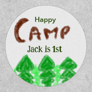 Happy camping camper one birthday kids trees wood patch