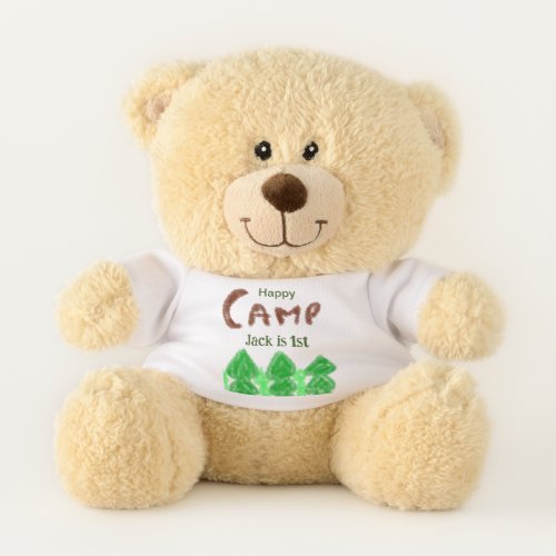 Happy camping camper one birthday kids trees wood teddy bear