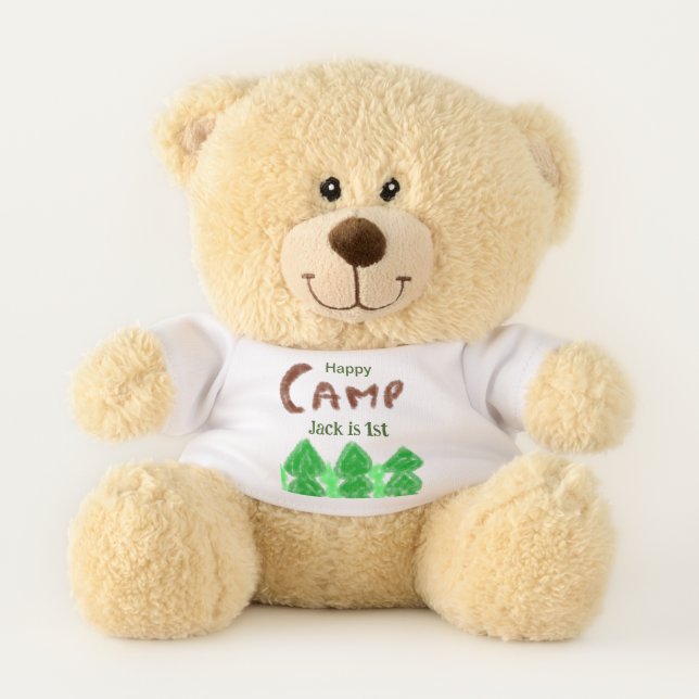 Happy camping camper one birthday kids trees wood teddy bear (Front)