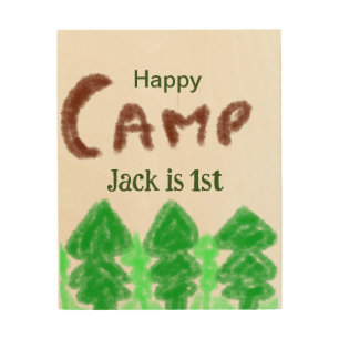Happy camping camper one birthday kids trees wood wall art