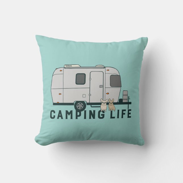 Happy camping life with cute Frenchies Throw Pillow (Front)