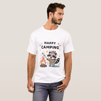 Happy Camping Raccoon, Cute Campfire Cartoon T-Shirt