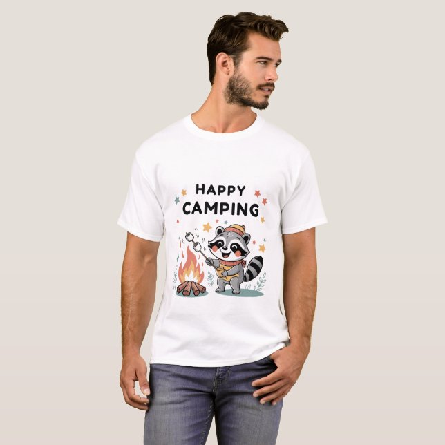 Happy Camping Raccoon, Cute Campfire Cartoon T-Shirt (Front Full)