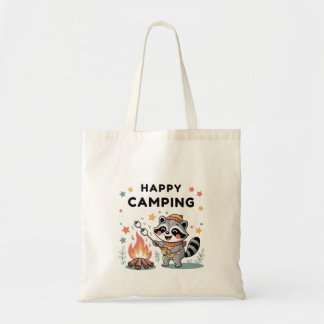 Happy Camping Raccoon, Cute Campfire Cartoon Tote Bag