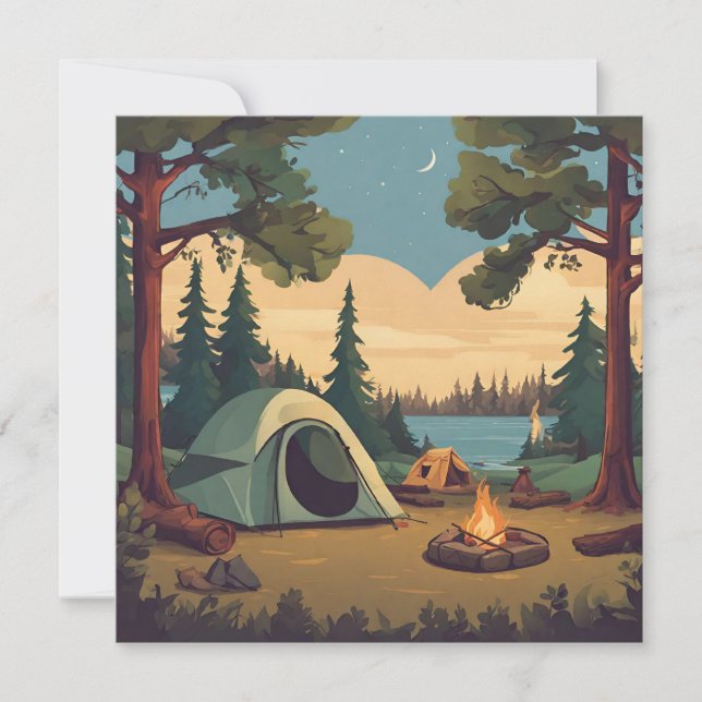 Happy Camping Tent and Campfire  Holiday Card (Front)