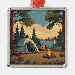 Happy Camping Tent and Campfire Metal Ornament