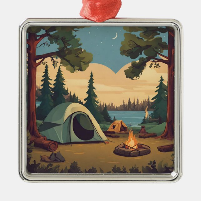 Happy Camping Tent and Campfire  Metal Ornament (Front)