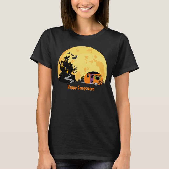 Happy Campoween haunted house rv camper trailer T-Shirt (Front)