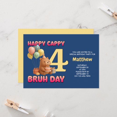 HAPPY CAPPY BRUH DAY Custom Capybara 4th Birthday Invitation