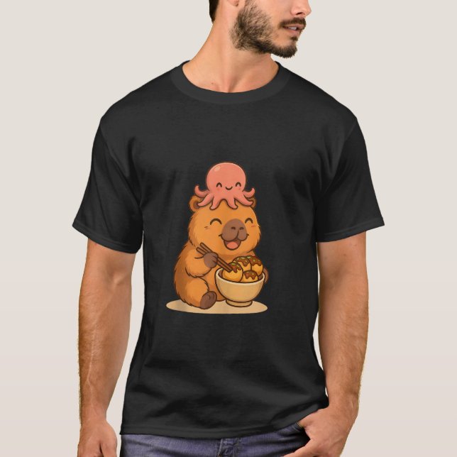 Happy Capybara Eating Takoyaki with Octopus Kawaii T-Shirt (Front)