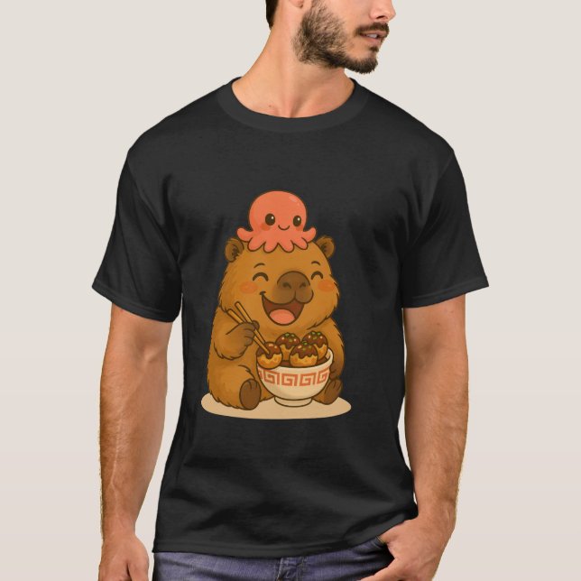 Happy Capybara Eating Takoyaki with Octopus Kawaii T-Shirt (Front)