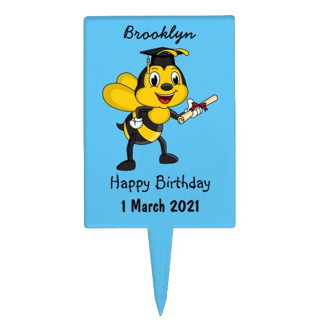 Happy cartoon bee graduation cake topper (Front)
