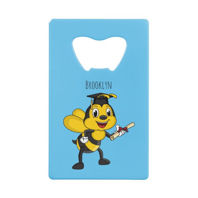Happy cartoon bee graduation credit card bottle opener (Front)