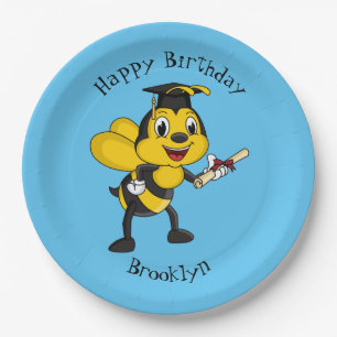 Happy cartoon bee graduation paper plates