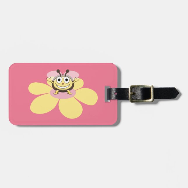 Happy Cartoon Bee Pink Personalized Kids Luggage Tag (Front Horizontal)