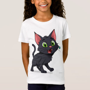Happy Cartoon Black Cat With Green Eyes T-Shirt