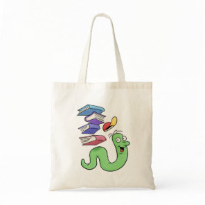 Happy Cartoon Bookworm Carrying A Stack Of Books Tote Bag