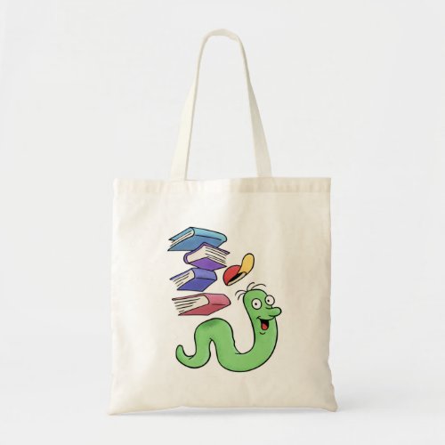 Happy Cartoon Bookworm Carrying A Stack Of Books Tote Bag