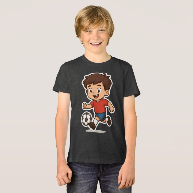 Happy Cartoon Boy Playing Soccer Tri-Blend Shirt (Front Full)