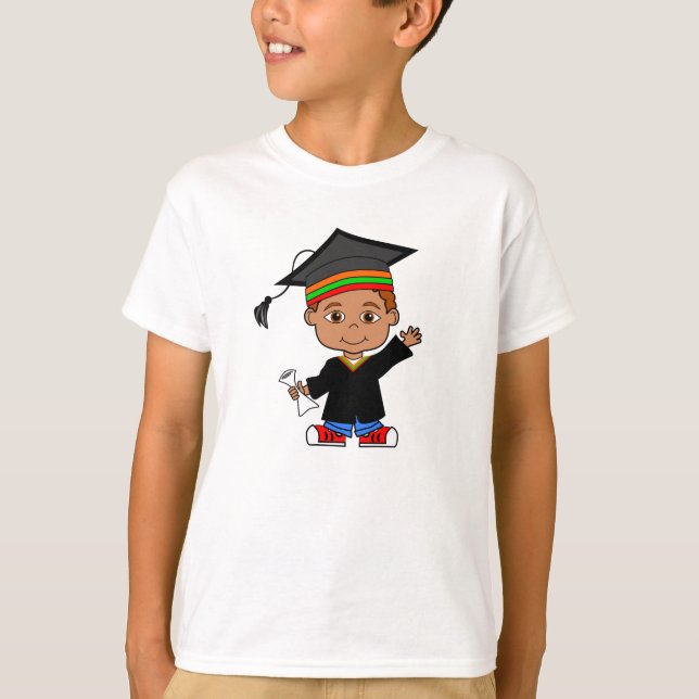 Happy Cartoon Boy Wearing Cap and Gown T-shirt (Front)
