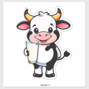 Happy Cartoon Cow With Milkshake Cup For Kids Sticker